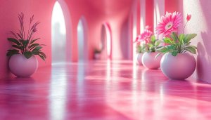 Aesthetic Pink Hallway 4K Mobile Wallpaper Arches and Flower Pots