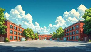 Anime Brick Buildings with Blue Sky Scenery 4K Desktop Wallpaper