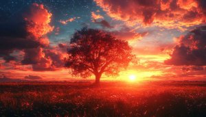 Fiery Sunset Tree Landscape 4K Desktop Mobile Wallpaper