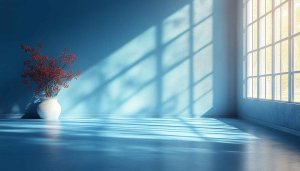 Empty Room with Blue Wall and Vase 4K Desktop Wallpaper