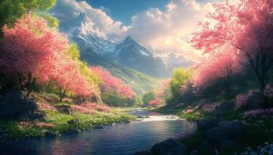 Cherry Blossom River Landscape 4K Desktop Background Mobile Wallpaper