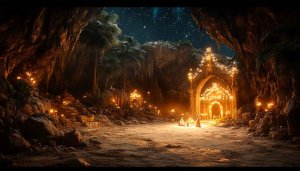Magical Cave Temple Lights Under Starry Sky 4K Wallpaper