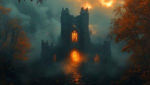 Spooky Castle Orange Glow 4K Desktop Wallpaper Free Mobile Background