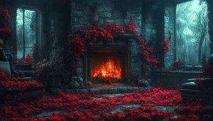 Dark Cottagecore Fireplace Scene, Floral Red Roses Wallpaper 4K