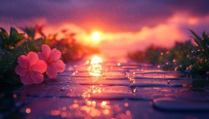 Pink Flower Sunset Rain 4K Desktop Wallpaper Mobile Background