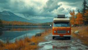 Vintage Camper Van Autumn Lake Scene 4K Desktop Wallpaper