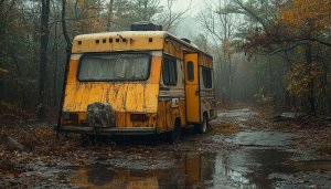 Vintage Camper Van Mobile Wallpaper on a Misty Forest Road