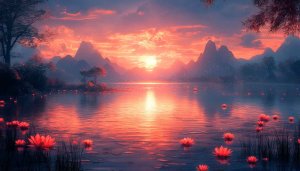 Peaceful Mountain Lake Sunset 4K Desktop Wallpaper Background