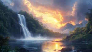Waterfall Scenery Wallpaper: Mountain Landscape at Sunset - Free Download