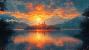 Island Castle Lake Sunset 4K Desktop Background Mobile Wallpaper