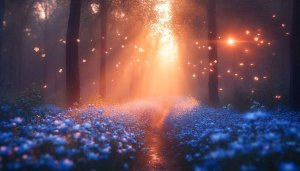Enchanted Forest 4K Wallpaper: Blooming Flowers, Magical Lights Background