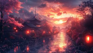 Sunset Japanese Village 4K Desktop Wallpaper, Pink Cherry Blossoms Landscape