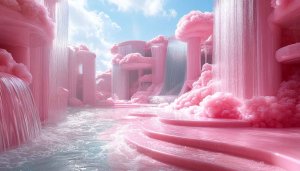 Pink Waterfall Fantasy World 4K Desktop Background Mobile Wallpaper