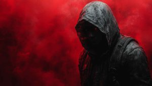 Creepy Hooded Figure Red Eyes 4K Desktop Wallpaper