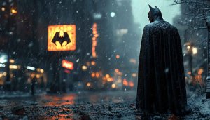 Batman Snowy Night Cityscape 4K Desktop Wallpaper Mobile Background