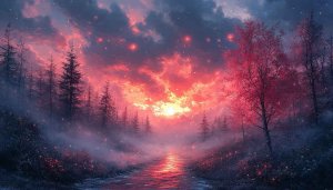 Fiery Sunset Forest Stream 4K Desktop Background Wallpaper