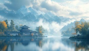 Zen Landscape Mobile Wallpaper Background, Asian Lake and Mountains