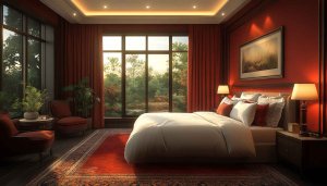 Luxury Bedroom Interior Design Red Wallpaper, 4K Desktop Background