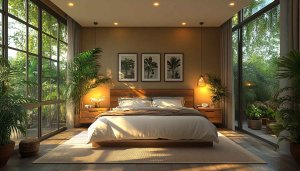 Serene Tropical Bedroom 4K Desktop Wallpaper, Relaxing Interior Design