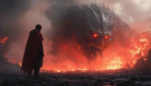 Red Dragon and Warrior Fantasy Art 4K Desktop Background Wallpaper