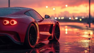 Red Sports Car Sunset Reflection 4K Desktop Wallpaper Background