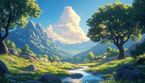 Fantasy Landscape 4K Desktop Wallpaper: River, Mountains, Trees Background