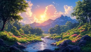 Scenic Mountain River Landscape Art Wallpaper for Desktop Background