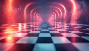 Neon Tunnel Checkered Floor Aesthetic Wallpaper for Mobile and Desktop