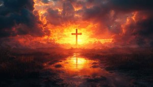 Christian Cross Silhouette Wallpaper: Fiery Sunset Landscape Background