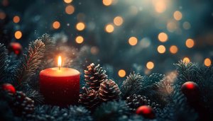 Cozy Christmas Candle Pine Cones Desktop Background Holiday Season Wallpaper