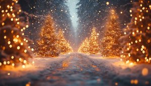Winter Christmas Forest Wallpaper, Holiday Lights Background for Desktop