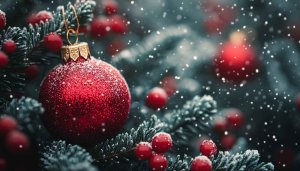 Festive Christmas Ornaments Wallpaper, Holiday Season Background, Winter Snow Scene