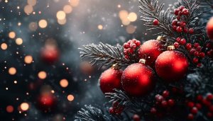 Festive Red Christmas Ornaments on Snowy Tree 4K Wallpaper