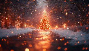 Glowing Christmas Tree Snowy Forest 4K Desktop Wallpaper Background