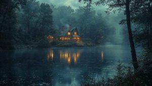 Cozy Lake House at Night 4K Desktop Background Wallpaper
