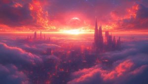 Sci-Fi Cityscape Sunset Above Clouds Mobile Wallpaper Free Background