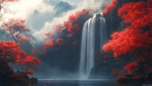 Red Autumn Waterfall Scenery 4K Desktop Wallpaper Mobile Background