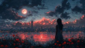 Cityscape Night Wallpaper, Woman Gazing at Red Moon, Free Download