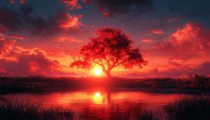 Red Sunset Tree Lake 4K Desktop Wallpaper Mobile Backgrounds