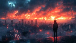 Anime Cityscape Red Sky, Rooftop Silhouette 4K Desktop Background