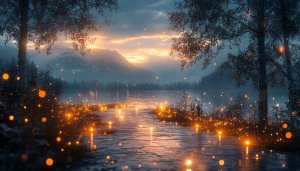 Dreamy Lake 4K Desktop Wallpaper, Fairy Lights, Evening Background