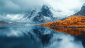 Snowy Mountain Lake Autumn Landscape 4K Desktop Mobile Wallpaper
