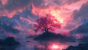 Pink Cherry Blossom Tree Mountain 4K Desktop Wallpaper Background