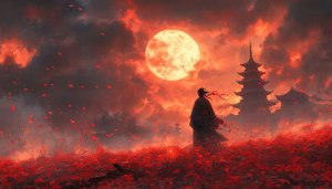 Samurai Red Moon 4K Desktop Background Japan Pagoda Wallpaper