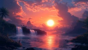 Tropical Sunset Waterfall Scenery 4K Desktop Wallpaper Free Mobile Background