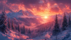 Fiery Sunset Winter Mountain Forest 4K Desktop Wallpaper Free