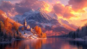 Winter Mountain Castle Lake Scenery 4K Desktop Wallpaper Background