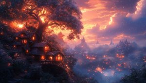 Fantasy Village Sunset 4K Wallpaper, Magical Town Desktop Background