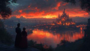 Fiery Sunset Castle Cityscape Fantasy Art Mobile Wallpaper 4K