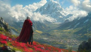 Fantasy Mountain Village Wallpaper, Red Cloak Character, 4K Desktop Background